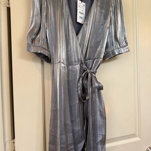 NWT! Zara Silver Wrap Dress with Short Puff Sleeves